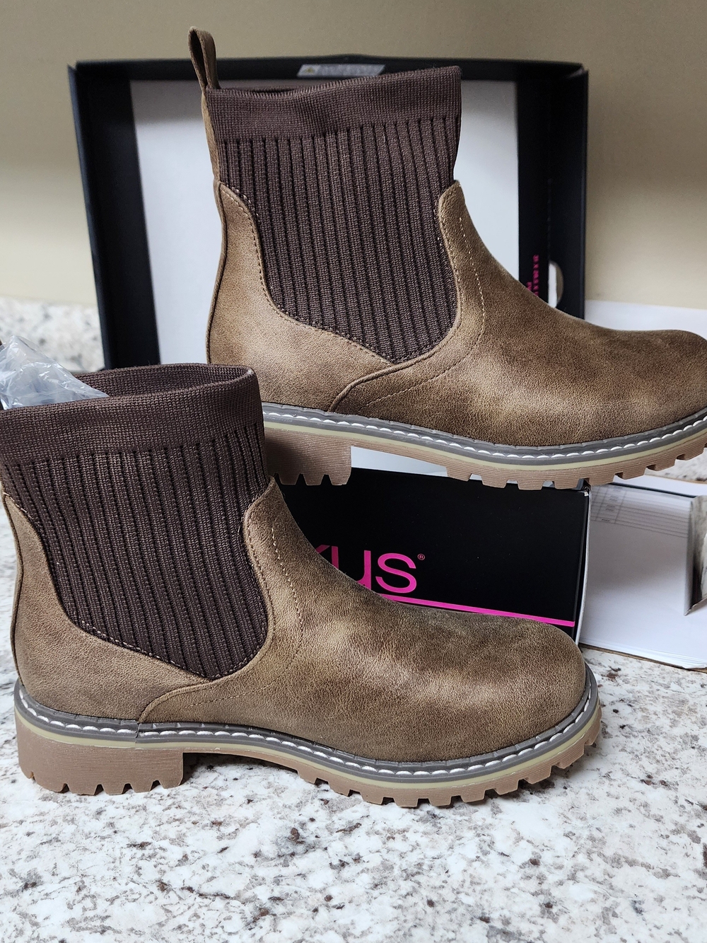 Corkys Brown Faux-Suede Chelsea Ankle Booties with Knit Collar